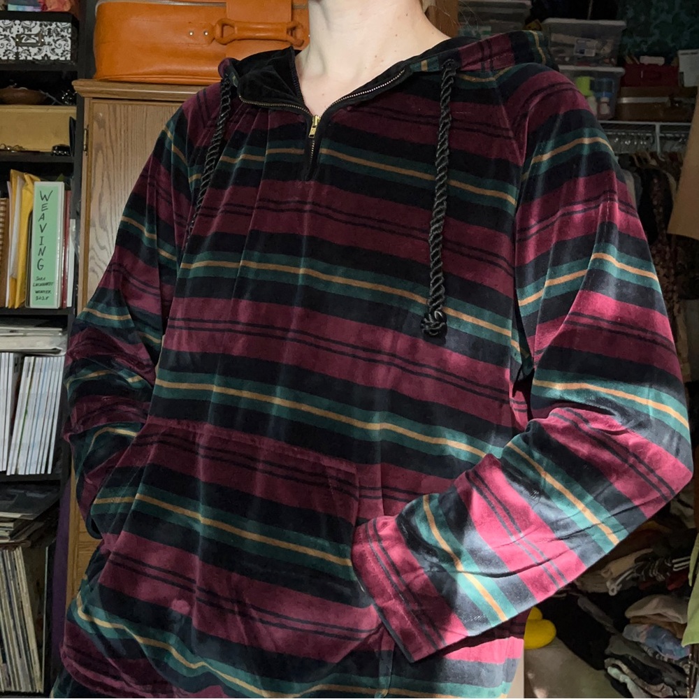 90s Jones New York Sport Velvet Velour Striped Sweatshirt Hoodie Size S